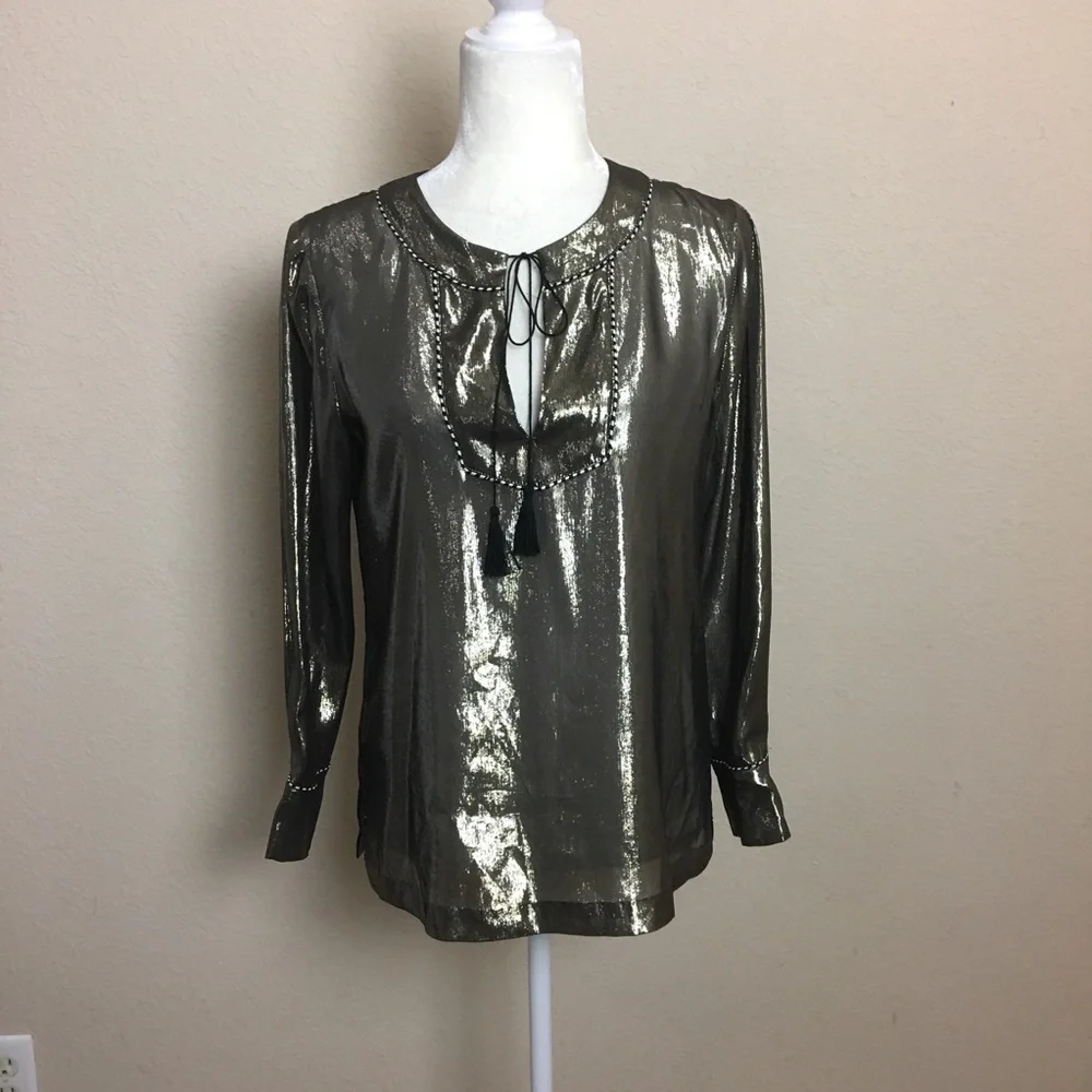 J. Crew Silk Gold Metallic Shimmer Front Tie Tunic Size 0 Runs Big NEW